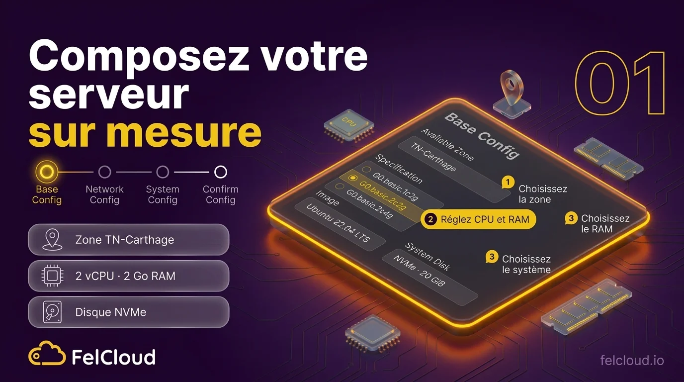 Étape 1 pour créer une instance cloud FelCloud : choix de la zone TN-Carthage, du CPU, de la RAM et du système